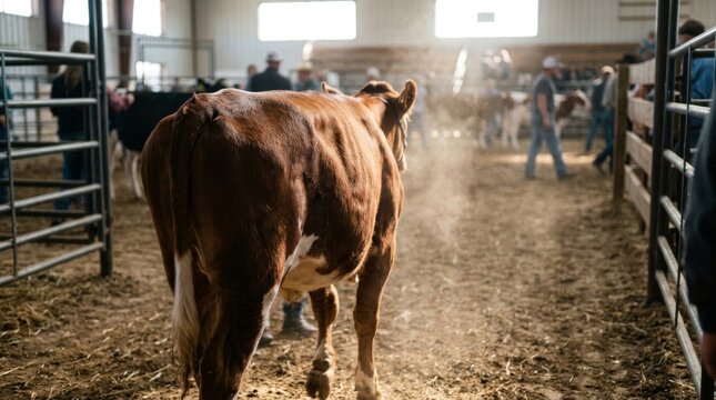 A brown cow standing in a dusty indoor livestock auction barn.