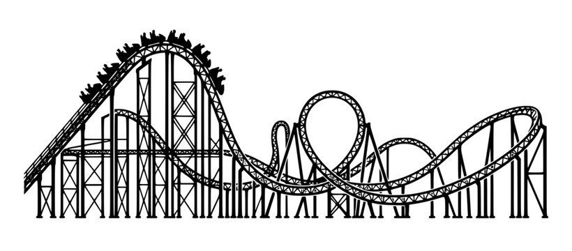 Black roller coaster with people on a thrilling amusement park ride