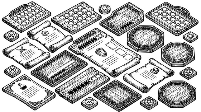 Vintage fantasy game interface elements and parchment scrolls illustration