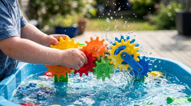 A toddler playing with colorful plastic gears in a water table.