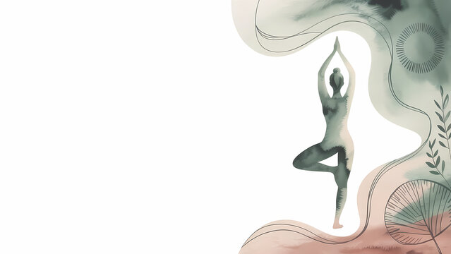 Watercolor illustration of a woman in yoga tree pose, minimalist white background with copy space, organic sage green and pink shapes with line art, wellness website hero image banner