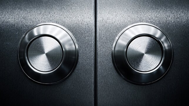 Close up of two metallic circular elevator buttons on a steel panel.