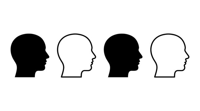 Human head silhouette profile side view black and outline icons set on white background