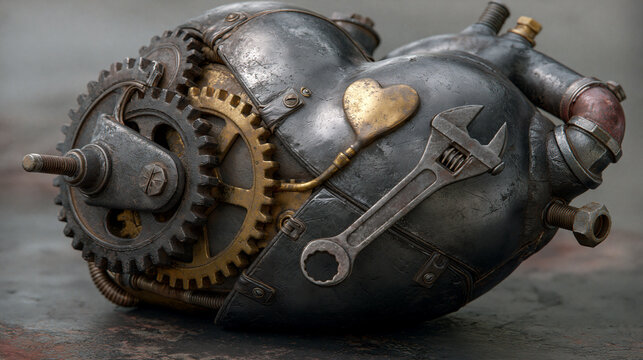 Mechanical heart constructed from industrial gears and metal pipes symbolizes engine maintenance.