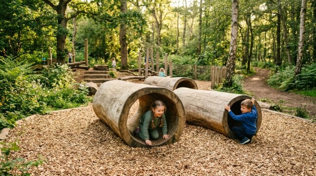 Children Playing in Natural Wood Log Tunnel Playground.