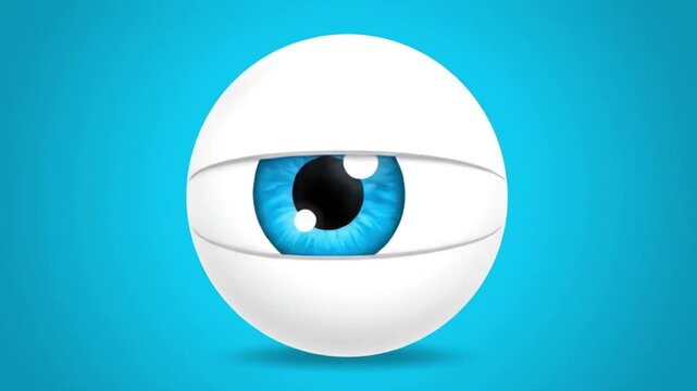 Close up of a realistic blue eye on a white sphere against a blue background.