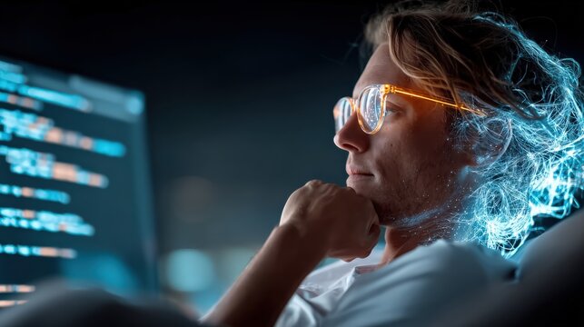 A man wearing glasses is deeply focused on the glowing code displayed on a computer screen. ..Created with Generative AI, not depicting real subjects.