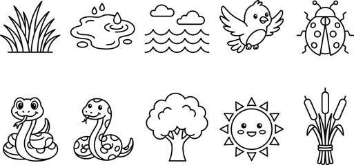 Fototapeta premium Nature wildlife swamp landscape and cute forest animal line outline icon set for children graphic design