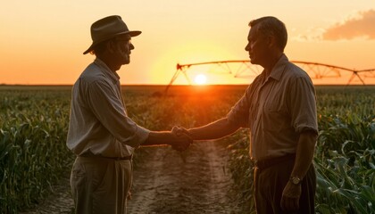 Two farmers shaking hands in a cornfield at sunset © andyaziz6