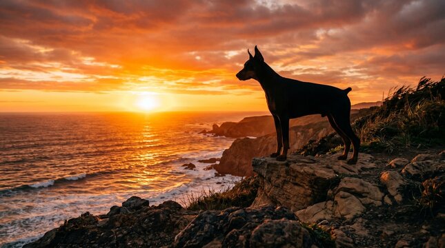 Doberman dog standing on rocky cliff edge overlooking ocean waves during dramatic sunset