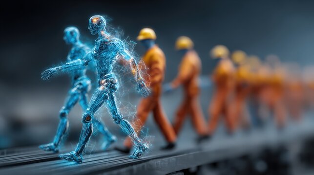 The evolution of human labor from traditional industrial workers to futuristic digital entities is visualized. ..Created with Generative AI, not depicting real subjects.
