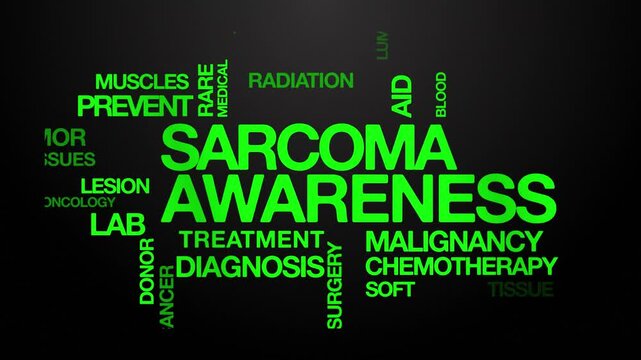 Sarcoma awareness concept Animated Tag Word Cloud kinetic typography, Text Design Animation typography seamless loop video motion graphics Intro Wordart arrangement green type on black background bg b