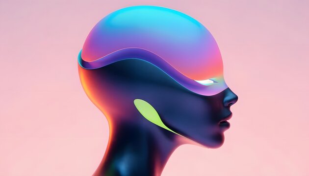 Premium minimalist cybernetic robot head profile. High tech future automation and electronic device development. Sleek metallic android figure with glowing eye vizor mask