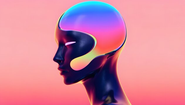 Modern fluid metallic robot face close up. Graphic asset for digital marketing and design templates. Left facing profile of sleek dark humanoid robot with iridescent head fluid