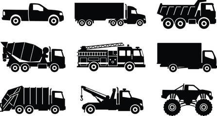 Heavy trucks black silhouette icons set featuring pickup semi trailer dump cement mixer fire engine delivery garbage tow and monster truck vectors. © shabbirahmed