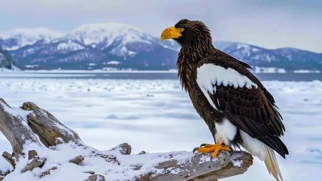 Steller's sea eagle perched on a snowy log with frozen lake and mountains background