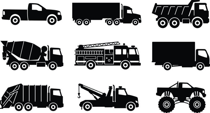 Heavy trucks black silhouette icons set featuring pickup semi trailer dump cement mixer fire engine delivery garbage tow and monster truck vectors.