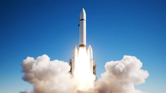 Powerful Rocket Launch Blasting Off into Clear Blue Sky.