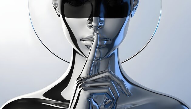 Glossy chrome female humanoid making a silence gesture with finger over lips. Cyber privacy and secret data security concept. Metallic android face with dark visor and silver halo