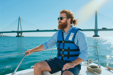 Fototapeta premium Young adult Caucasian man wearing life vest and sunglasses, sitting on boat and navigating coastal water near bridge, conveying leisure travel and marine safety. Ideal for tourism marketing