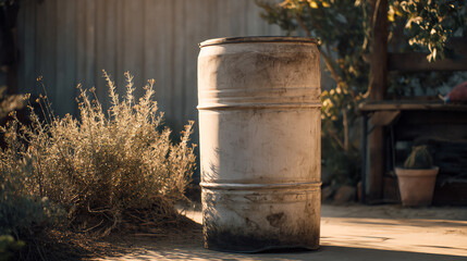 Naklejka premium An old, weathered barrel stands amidst plants in a serene outdoor setting, symbolizing nature's resilience and rustic charm.