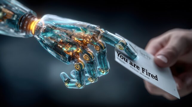 A sophisticated robotic hand extends a card stating You are Fired to a human hand, symbolizing the impact of automation on employment. ..Created with Generative AI, not depicting real subjects.