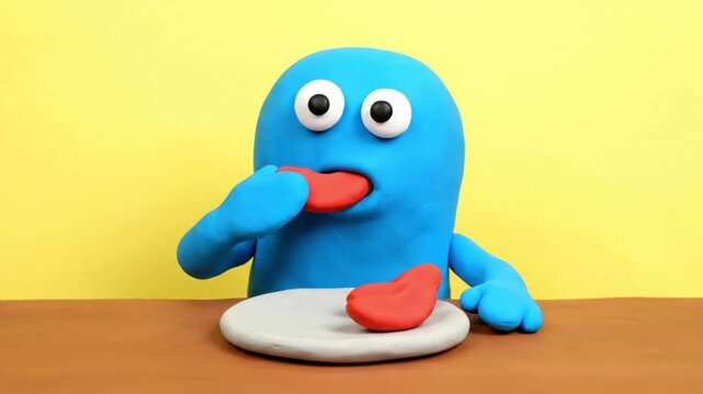 Blue Clay Character Eating Red Food on Plate.