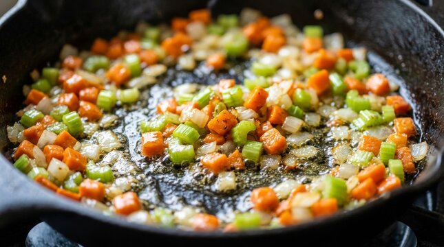 Fresh Mirepoix Vegetables Saut?ing in a Cast Iron Skillet.