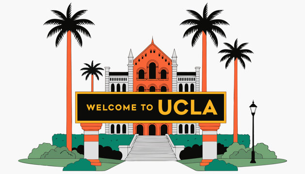Very beautiful realistic vector illustration of the UCLA entrance featuring a bold welcome sign reading "WELCOME TO UCLA", Royce Hall, palm trees, and iconic California campus scenery, isolated on whi