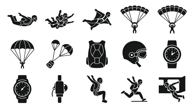 Skydiving and Parachute Black Silhouette Vector Icon Set Featuring Skydivers Wingsuits Tandem Jumps and Equipment Symbols