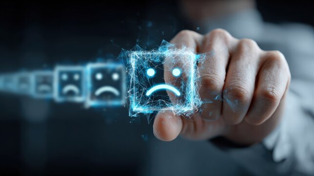 A hand holds a glowing cube displaying a sad face emoji, symbolizing negative feedback and customer dissatisfaction in a digital world. ..Created with Generative AI, not depicting real subjects.