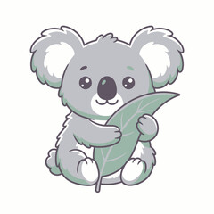 Naklejka premium Cute cartoon koala holding eucalyptus leaf, soft pastel colors