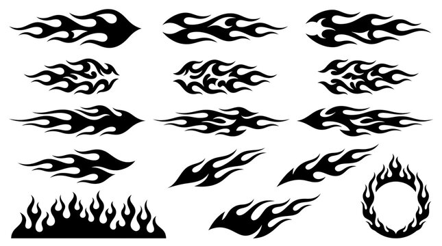 Black tribal flame collection set with fire icons and hot rod flames on white background