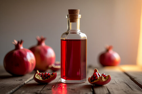 Mockup glass bottle skincare Cosmetic background natural pomegranate fruit superfood AI Generative