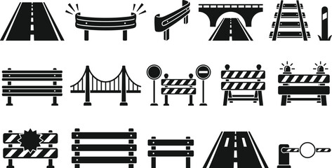 Road infrastructure bridge construction barrier safety and transit highway traffic control black solid glyph icon set © Shukimon