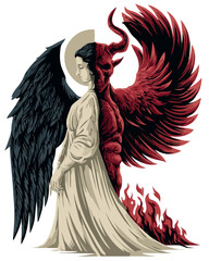 Obraz premium Half Angel Half Demon Figure with Black and Red Wings Vector Illustration