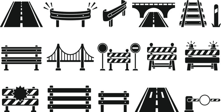 Road infrastructure bridge construction barrier safety and transit highway traffic control black solid glyph icon set