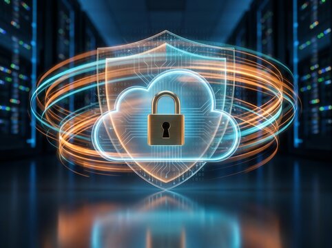 Cybersecurity data protection, secure cloud computing, digital information privacy, network security shield, futuristic server room backdrop for technology and business concepts.