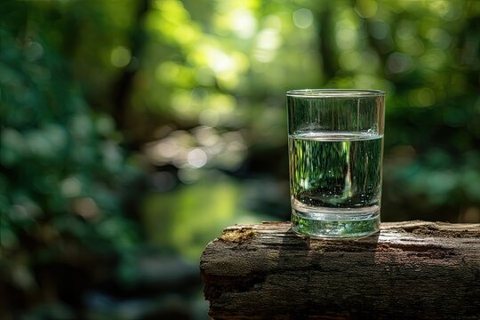 Clear glass half full of refreshing water resting on a tree branch in a lush green forest