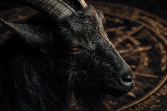 Close-up of a black goat with amber eyes and curved horns, set against an arcane background