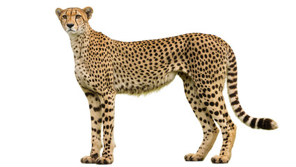 Elegant cheetah with spotted fur, standing gracefully isolated on transparent background © Mihai