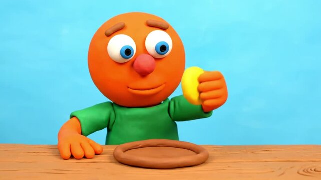 Orange Clay Character Examines Yellow Object on Plate.