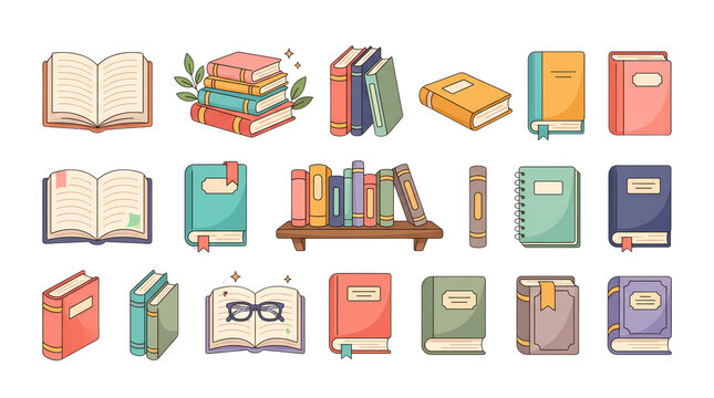 Cute cartoon books collection with open books, stack and bookshelf illustration set