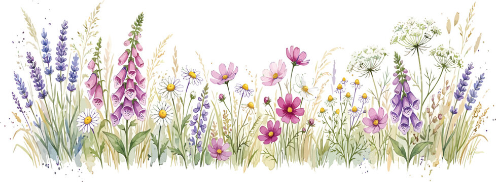 A charming artistic illustration featuring a row of delicate hand drawn wildflowers including lavender and cosmos, perfect for spring or summer designs.