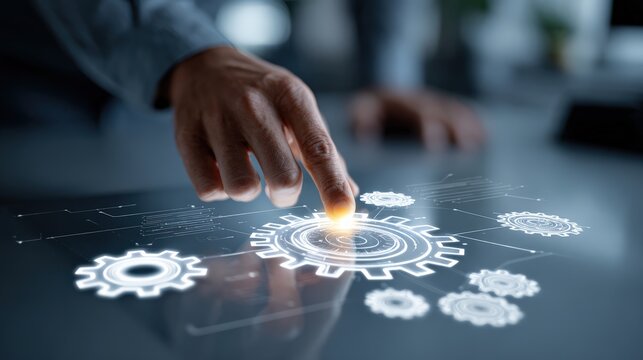 A human hand interacts with a glowing holographic interface of gears, symbolizing technology, innovation, and digital connectivity. ..Created with Generative AI, not depicting real subjects.