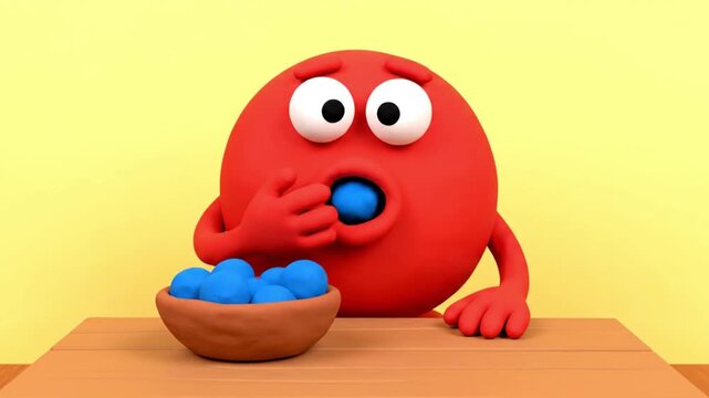 Cute Red Clay Character Eating Blue Berries from Bowl.