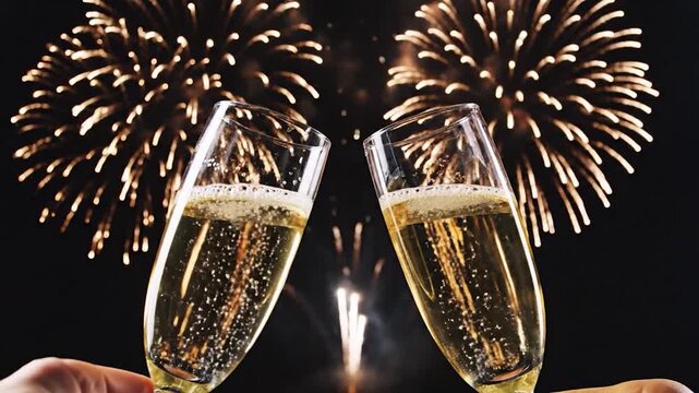 Champagne flutes toasting against a backdrop of vibrant fireworks at night