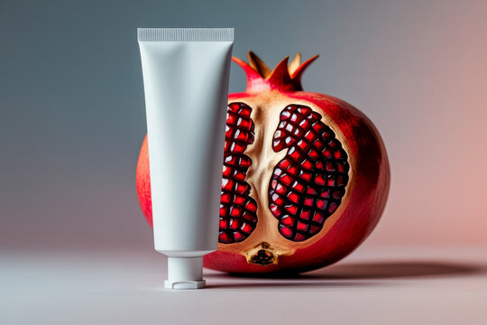Mockup White Tube skincare Cosmetic background natural pomegranate fruit superfood AI Generative