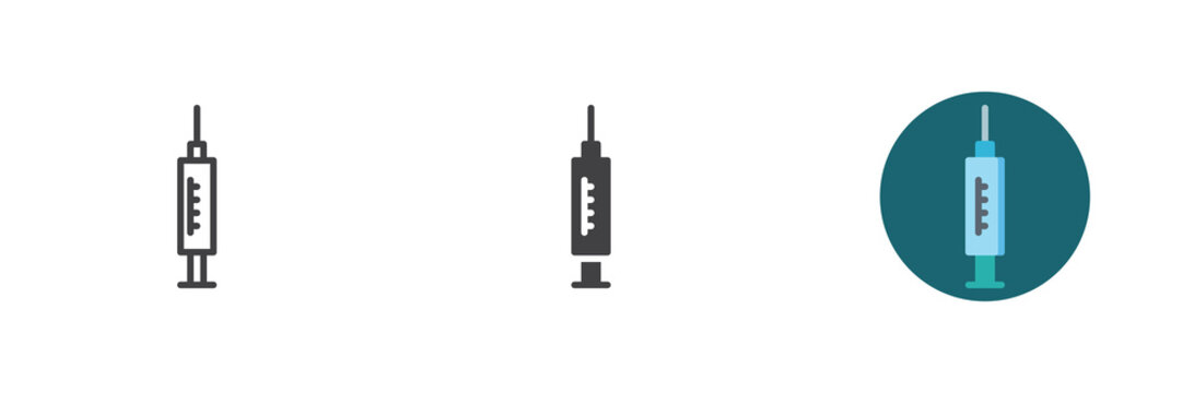 Syringe icon set shows medical injection with measurement marks in line, solid and flat colorful icon styles. Color vector sign and symbol for dental anesthesia.