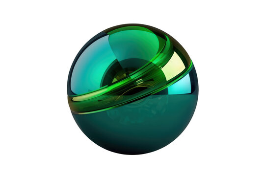 Abstract glass sphere with green swirling elements and glossy reflections, symbolizing innovation and technology, transparent background